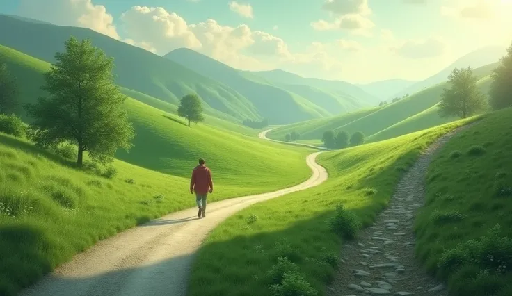 "A smooth road winding through a green valley, where a just person walks with ease. Nearby, a rocky, dangerous path where a wicked person stumbles and falls, symbolizing the consequences of their own actions. ar 16:9"
