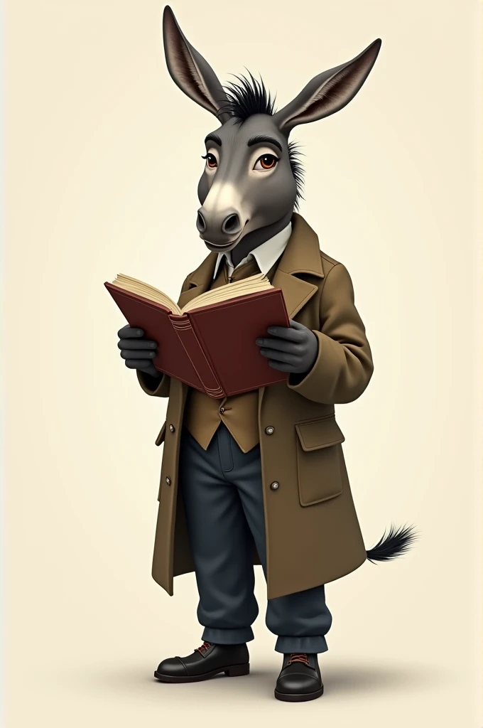 A donkey has a book in its hand and that donkey is wearing coat and pants 