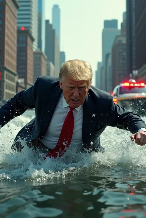 Create photorealistic image of Donald Trump swimming in the Hudson River and being chased by the river police