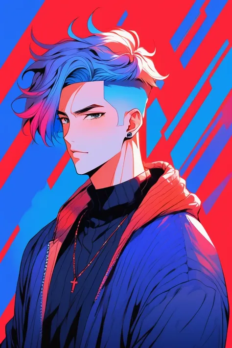 Illustrator, anime , Realistic ,sketch , ４０One male in his 20s, ,lip, sweater,order, Red and blue gradient background, Neon Hair,Texture Trim, Canadian, (masterpiece,Highest quality)