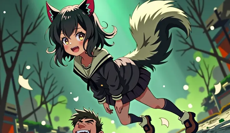 beautiful anime girl；girl with skunk tail；cut but toxic；fart from her ass；green visible fart；a man under her ass choking；she looks very enjoy and relax