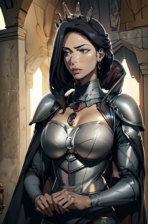 (masterpiece, best quality, ultra detailed)1.5, 1girl, solo, (sexy, beautiful woman, perfect face, perfect eyes, perfect female body)1.5, (mirelia, short hair, black hair, long sleeves, jewelry, earrings, cape, armor, tiara, crown, shoulder armor, breastpl...