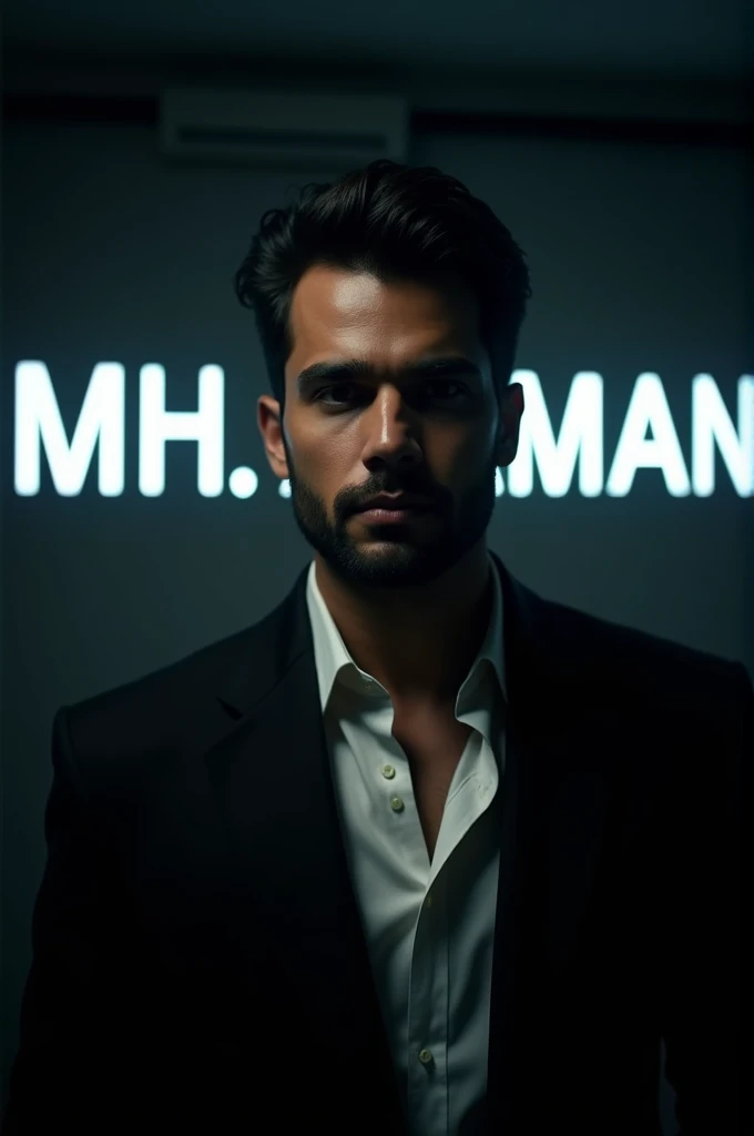 Create a highly realistic portrait of a 2 Bangladeshi man named MH ARMAN, standing in a dark room. He is wearing a blackblazer and a white shirt. The lighting should be dramatic, focusing on his handsome face with a light stubble, giving him a rugged look....