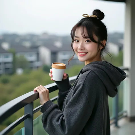 A beautiful Korean woman with smooth white skin, a perfectly groomed face, her hair tied up in a bun with Korean-style bangs and accessories.,wearing a dark gray knit hoodie, posing standing on the upper terrace balcony railing ,holding a cup of hot coffee...