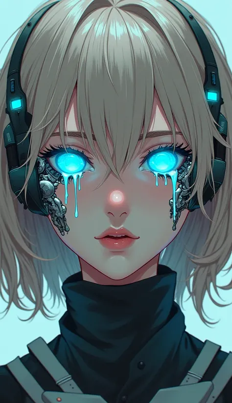 
A highly detailed cyberpunk illustration features a close-up front view of a female character with shoulder-length, wavy light beige hair styled with bangs partially covering her forehead. Her striking cyan blue eyes are large, glowing intensely, and surr...