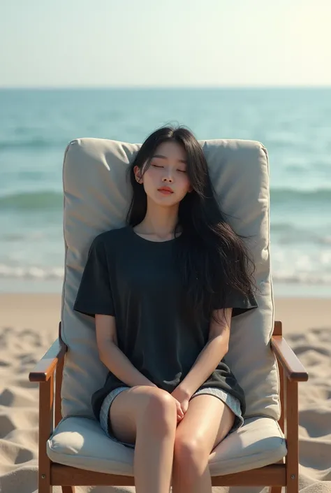 Cute and calm Korean girl sleeping on a chair on the beach with black silky hair and wearing a black woolen t-shirt and beach shorts