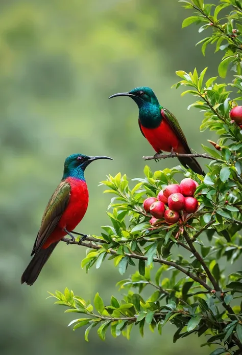 two sunbirds flying around a pomegranate tree, red pomegranate flower, green pomegranate leaves，green bokeh background，author：su...