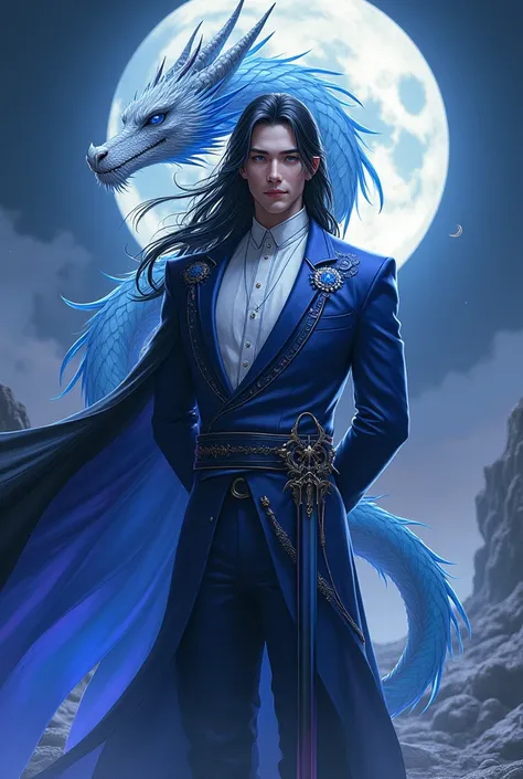 A man with long hair like a woman, always smiling, black hair, a blue and white dragon, with a crescent moon behind him, white wings with blue wing tips, a black rose, at night, one hand crossed behind his back, wearing a blue and white suit, one blue eyeg...