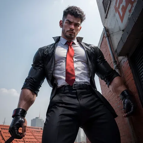 30 years old,One tall man,、Black Shirt、Red tie、Black Slim Pants、Black gloves、Dhaka - Fighters、Rooftop、Legs open in fighting pose　,,muscle,Gay ,Short hair perm、　,Asian Face,、Stubble　Menacing look　Seen from below　Upper body close-up