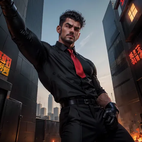 30 years old,One tall man,、Black Shirt、Red tie、Black Slim Pants、Black gloves、Dhaka - Fighters、Rooftop、Legs open in fighting pose　,,muscle,Gay ,Short hair perm、　,Asian Face,、Stubble　Menacing look　Seen from below　Upper body close-up