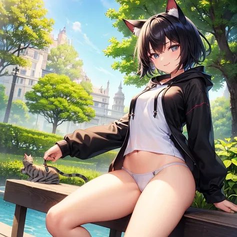 (Highest quality）,(masterpiece),One girl、smile、Iris、Short black hair、Small breasts、White hoodie、Cat ear type food、Normal panties、Beautiful thighs、French gardens、Perfect Anatomy、Perfect hands、Perfect legs