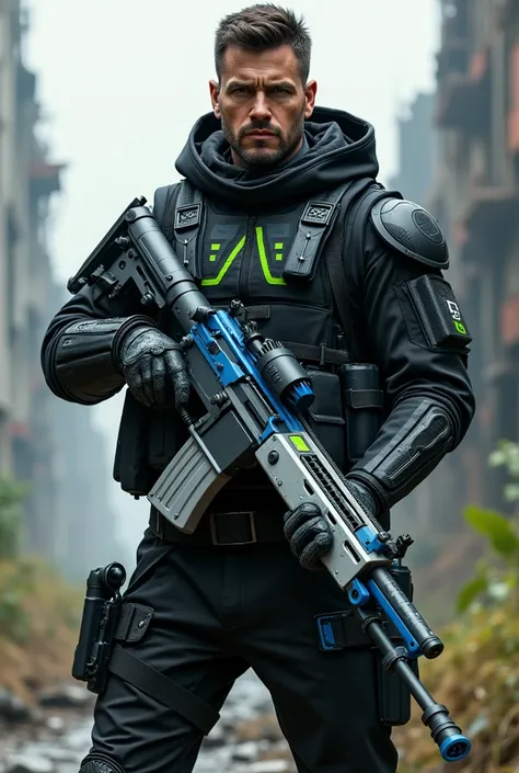 create a man with a black outfit with small green and blue details. and he has a big blue and white rifle in a technological survival scenario 