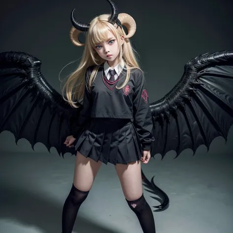 a demon girl, School uniform, black seifuku, Eyes red, great wings, Long Tail, razor-sharp claws, sharped teeth, ram horns, malicious, appealing, Full body image, Youngh, blonde, green iris, ((Vertical pupil))