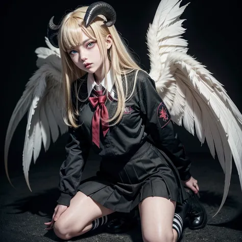 a demon girl, School uniform, black seifuku, Eyes red, great wings, Long Tail, razor-sharp claws, sharped teeth, ram horns, malicious, appealing, Full body image, Youngh, blonde, green iris, ((Vertical pupil))