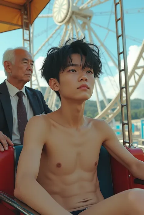 Handsome Japanese boy 、Completely naked、Full nudity、完全Completely naked、Slim body、Slender and muscular、Photorealistic、photograph、Handsome with an idol face、Riding the Ferris wheel、An elderly man wearing a suit stands opposite