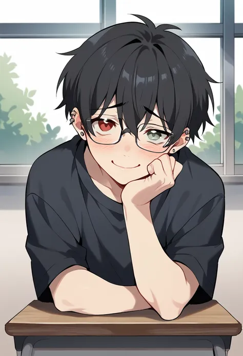 shy young boy with glasses, heterochromia (one red eye and one gray eye), bblack hair, black sweatshirt, piercing. shy smile, si...