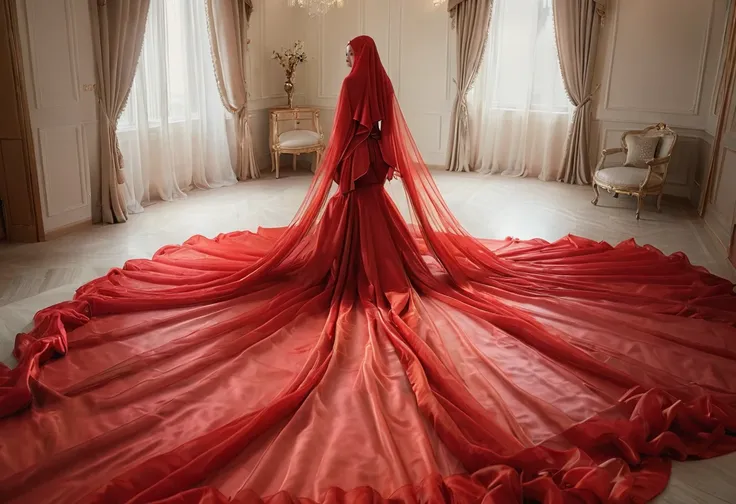 a woman shrouded in a 7-meter-long, plush red transparent satin shimmer cloth, tightly bound and grandly draping along the form ...