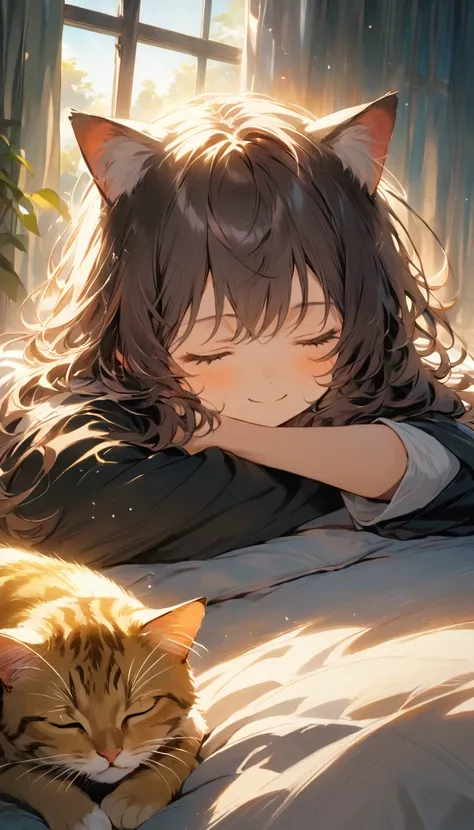 ((Highest quality)), ((masterpiece)), (detailed), 8k、Wake up in the morning: 「Woman waking up in bed、A scene where a cat is sleeping curled up next to him。The soft morning sun shines through the curtains、The whole room is bathed in a warm light.。The woman ...