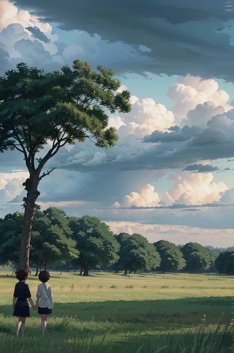 a painting of two people holding hands in a grassy field under a cloudy sky, stormy weather. makoto shinkai, anime film still, animated film still, cinematic studio ghibli still, makoto shinkai and (cain kuga), ghibli screenshot, screenshot from the anime ...