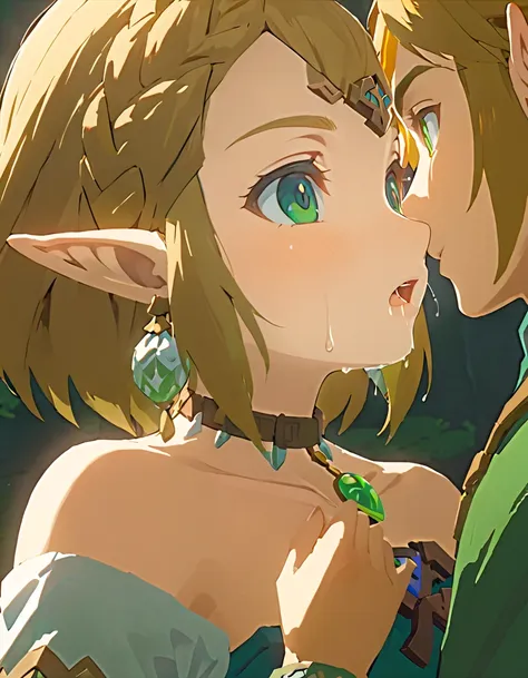 リンクのkissシーン、adult link and zelda embrace each other、kiss、saliva、blonde、bright green eyes, the legend of zelda, pointed ears, del...