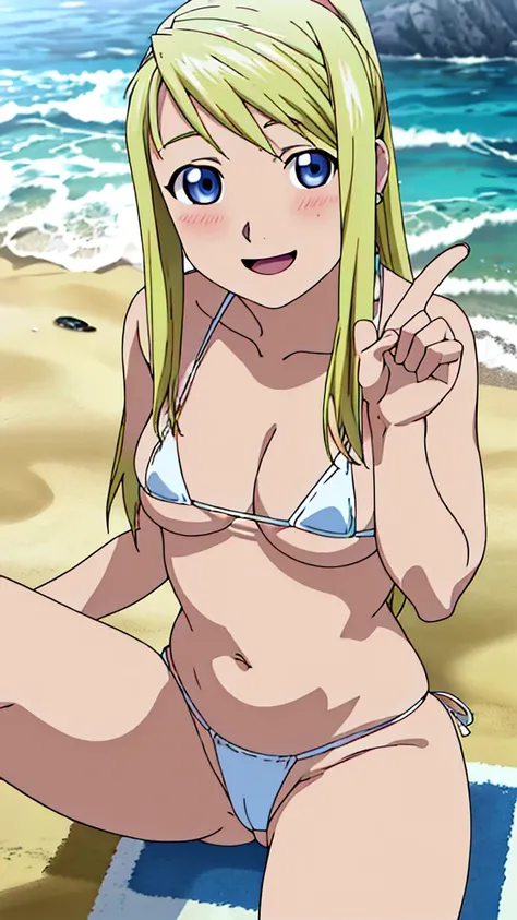 (masterpiece, 4K, Highest quality, anime style: 1.9, Detailed face, cute, Ocean,bold, High resolution, anime, Lake 4. alone, Curvaceous, Very slim belly, Cowboy Shot, 1 girl,(White micro bikini),Watch the audience,((Sexy pose)),Naked in a swimsuit,winry ro...