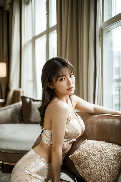 A Japanese woman in her 20s, with soft and natural facial expressions, wearing luxurious yet understated lingerie. The setting is a high-end, modern penthouse with large windows, allowing soft, natural light to fill the room. The woman is posed gracefully,...