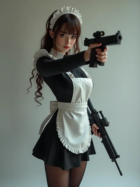 1girl, maid, gun, rifle, pistol, assault_rifle, holding_weapon, holding_gun, looking_at_viewer, solo, full_body, dress, long_sleeves, apron, skirt_hold, black_legwear, pantyhose, high_heels, brown_hair, maid_headdress, gradient, gradient_background, trigge...