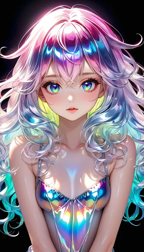 conceptual installation vivid color colorful artwork, kawaii beauty, striking beautiful eyes, glossy silky messy hair, amorous a...