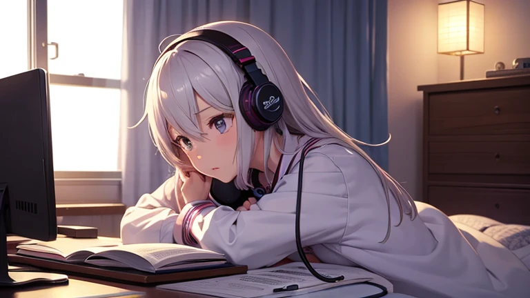 A girl studying while listening to headphones in her room at night　Japanese anime style