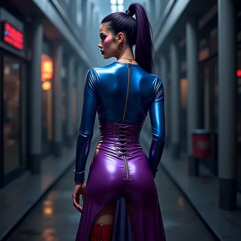 Woman seen from behind, latex, Glittering, metallic, metallic blue latex shirt, zip in the back, metalic purple corset neck, jupe longue latex violet metallic, metallic purple latex corset with laces in the back, maquillage yeux noir, levres noir Glitterin...