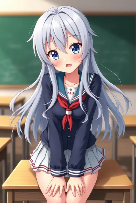 1 anime girl with long gray hair and blue eyes wearing school uniform sitting on a desk at school sticking her tongue out mockingly 