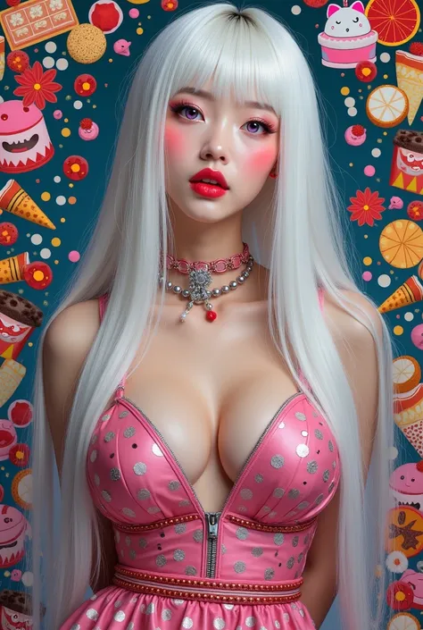 A beautiful asian woman with long straight white hair, straight bangs, big purple eyes, red lips, big breasts, amd very pronounced cleavage stands facing viewer, though an extremely modern girl dressed in colorful alternative harujuku fashion, framed by de...