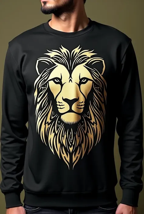 "A warm, unisex sweatshirt with a large front graphic of an abstract, geometric lions head, symbolizing strength and courage. The design features sharp, angular lines in metallic gold, black, and white, giving the image a bold, modern look. The lions mane ...