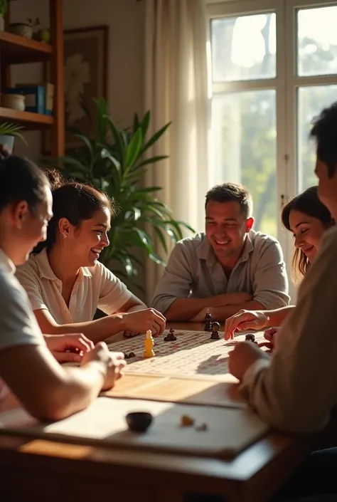 a middle class latin family sitting at the table playing a board game. everyone is happy. realisitic, photoshot, good lighting and space above for text.