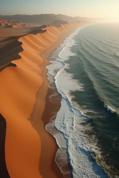 4K, Best high resolution, realist photo like real, 4k best high quality ever, real photo pattern, a  very scary pov view on big desert sand dunes meeting a large dark scary thalassophobic ocean, namib desert meeting ocean, very desertic, very scary, grandi...