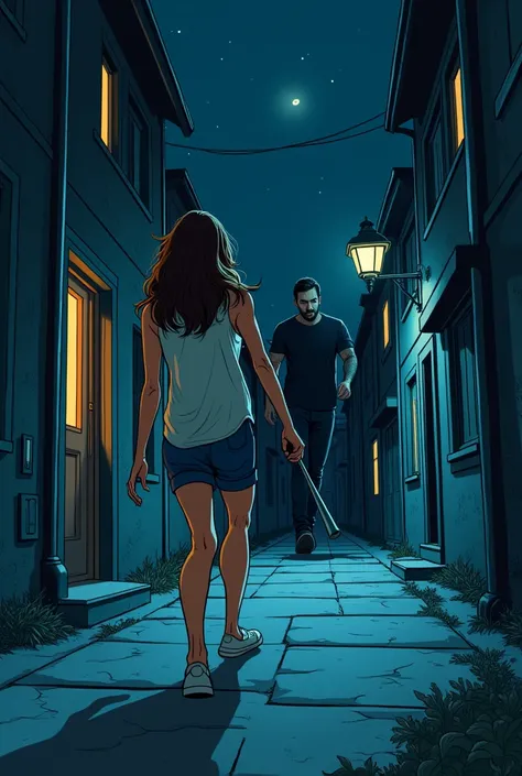 create a storyboard. in the middle of the night, the woman just got home from her work, shes walking down the narrow street and there is a man following her and the man is holding a bat. make it cartoon