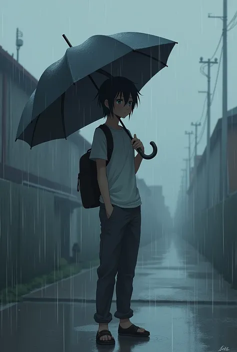 Anime-style male character standing in the rain, holding an umbrella that is closed. He has medium-length messy hair, slightly wet from the rain, and is wearing a casual outfit. His expression is calm yet distant, and the sky is filled with grey clouds. Ra...