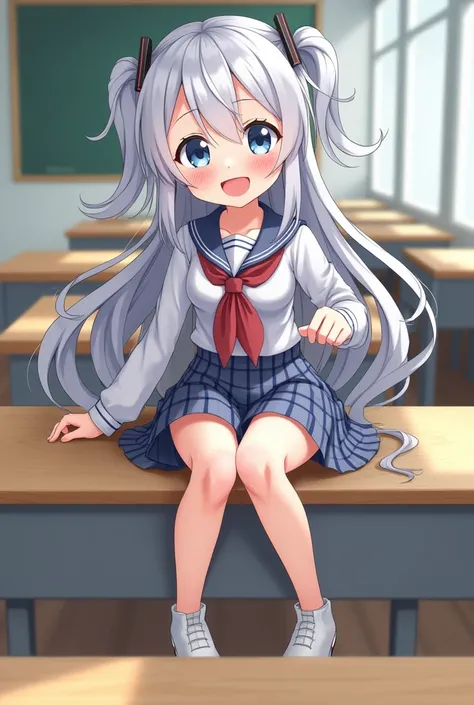 1 anime girl with long gray hair and blue eyes wearing school uniform sitting on a desk in school sticking out her tongue to provoke students 