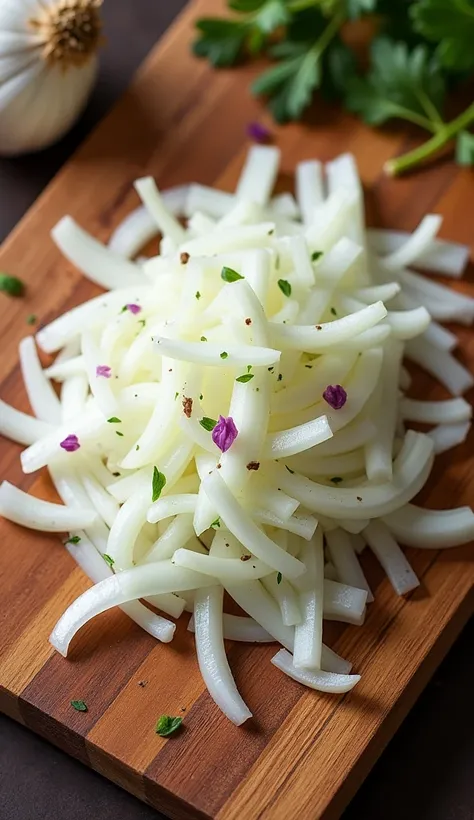 Chopped onion and garlic on a wooden cutting board on a desk,Shooting from directly above