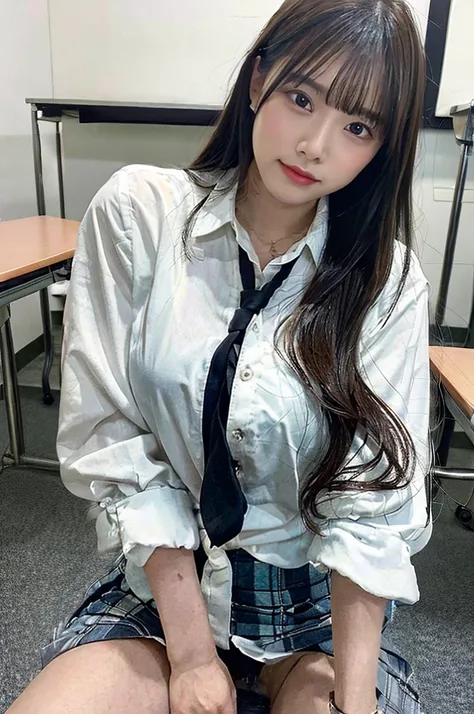 Beautiful school girl、bangs、Wrinkle-free white collared blouse、skirt、Model body type、Excellent style、Full Body Shot、Big Breasts、Beautiful female facial features、Actual classroom、((sitting cross-legged on a chair))、((Hunchback))、Face-to-face photography、Lon...