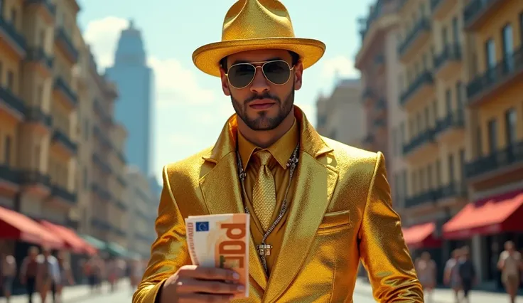 a man with a hundred euro bill, with a golden hat and his golden clothes, walking down the street with sunglasses, photorealistic