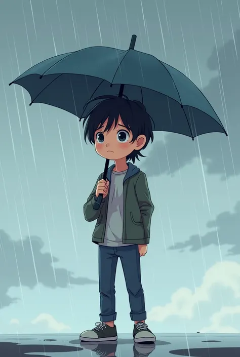 Cartoon-style male character standing in the rain, holding a closed umbrella. He has medium-length, slightly messy hair that’s wet from the rain. He’s wearing a casual outfit with a calm, contemplative expression. The sky is overcast with grey clouds, and ...