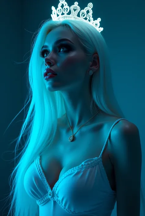 super realistic photo, Perfectly beautiful girl, Russian girl, ((white hair)), ((perfectly long white hair)), straight hair, big eyes, complex makeup, perfect big eyes, ((huge breasts)), big breasts, ((big lips)), perfect big lips, jewelry, ((medical suit)...