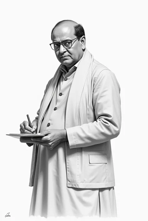 Dr Babasaheb Ambedkar standing and riting realistic 
 pencil drawing
