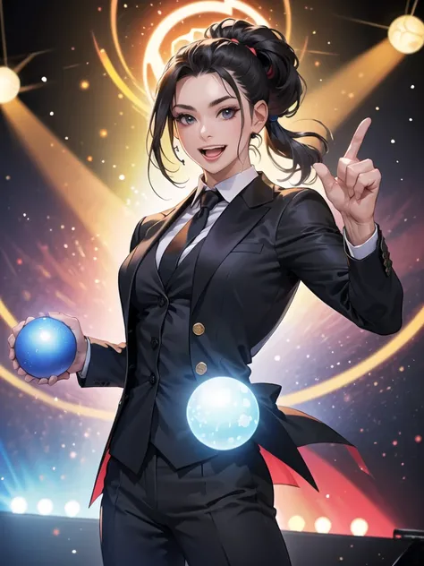 (female:1.7) ,On the boxing ring,(Many viewers:1.3),(A female presenter wearing black a suit,holding a magic orb on stage.:1.3),pony-tail,(open mouth:1.5),smile, orb,magic orb,masculine