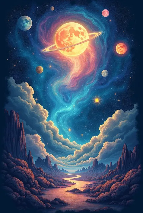 "Galactic Dreams: Design a T-shirt with a cosmic landscape where planets, stars, and galaxies merge into a surreal dream world.
