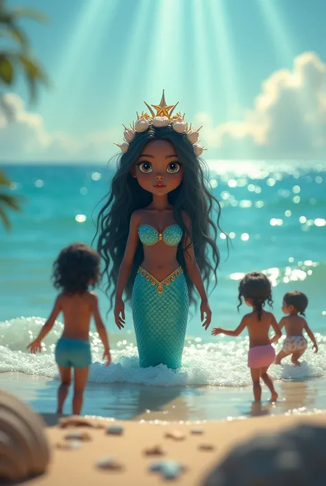 Children playing and a beach, with a sky blue sea and sunbeams crossing the sky, with a mermaid on top of the waves, with big, long hair full of little shells as ornaments, a white crown with a golden star in front , the dark skinned mermaid, hyper realist...