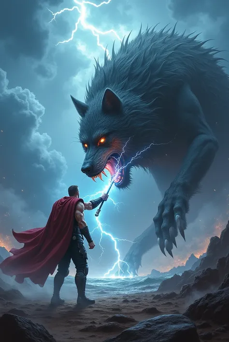 Thor stands tall, his hammer crackling with lightning, facing the towering Fenrir. The wolf’s eyes gleam with ferocity as it growls, its massive form coiled and ready to strike. They lock eyes, the tension between them palpable as the storm overhead mirror...