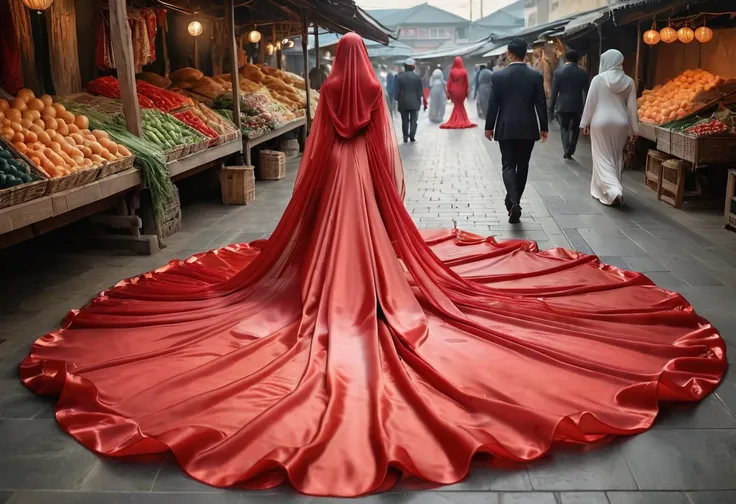 a woman shrouded in a 7-meter-long, plush red transparent satin shimmer cloth, tightly bound and grandly draping along the form ...