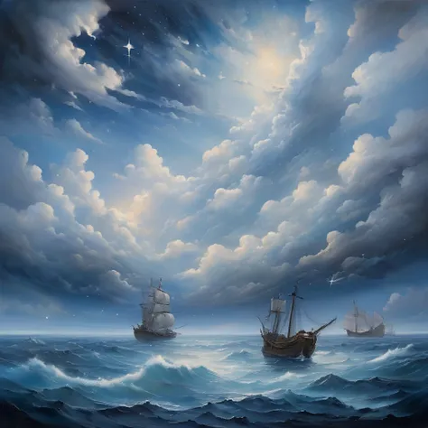 In this breathtaking masterpiece, a high-quality oil painting captures a mesmerizing landscape from an elevated perspective. The image showcases a vast expanse of cloudy seas, devoid of any human presence. The sky is an enchanting fake, with multiple stars...